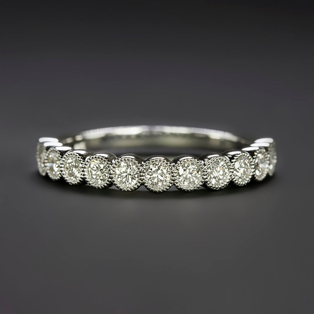 1/2 carat natural diamond wedding ring in 14k white gold with milgrain accents and half eternity design.
