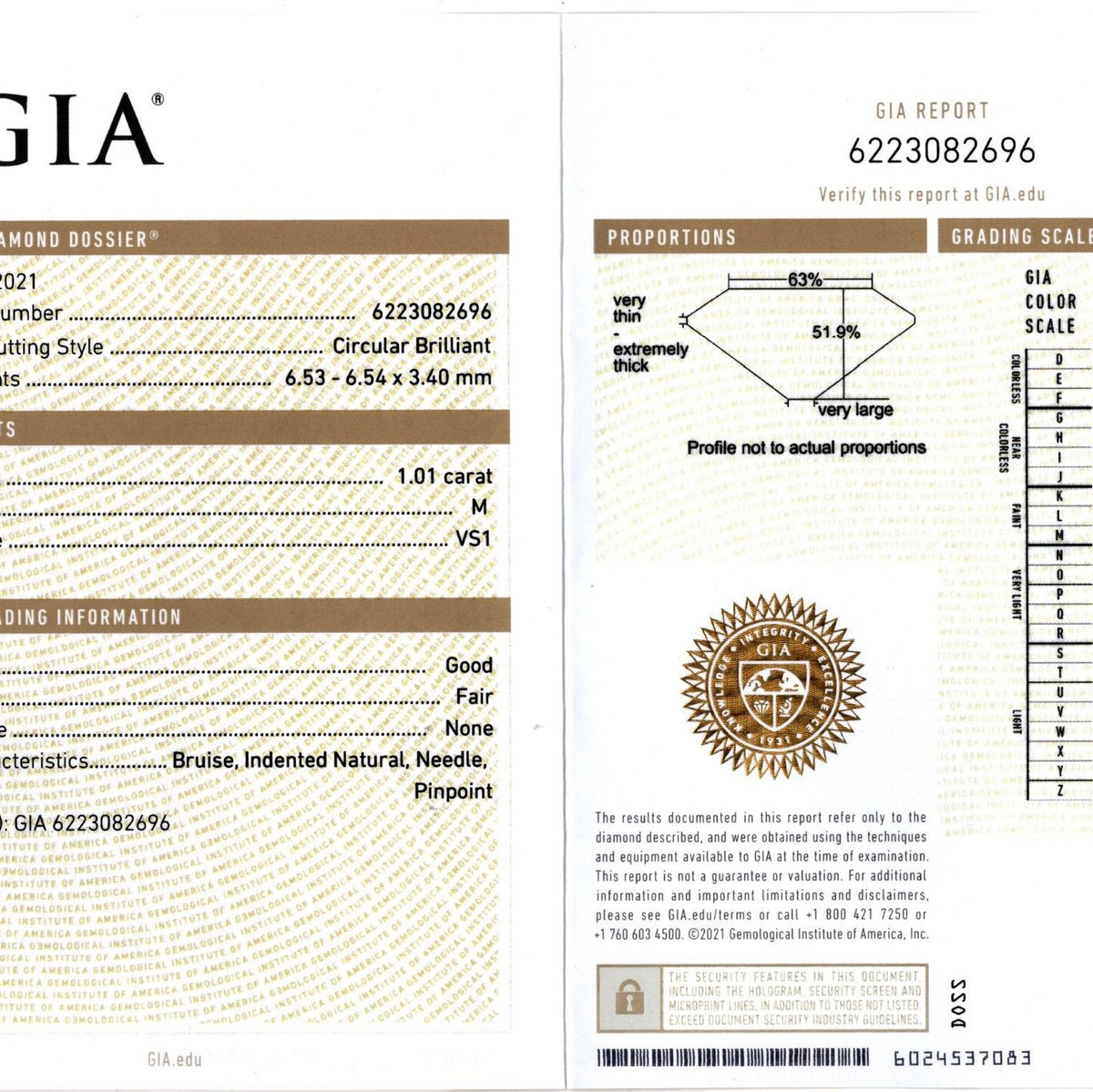 GIA diamond report for 1.01ct old European cut diamond, detailing carat weight, color, and clarity grade.