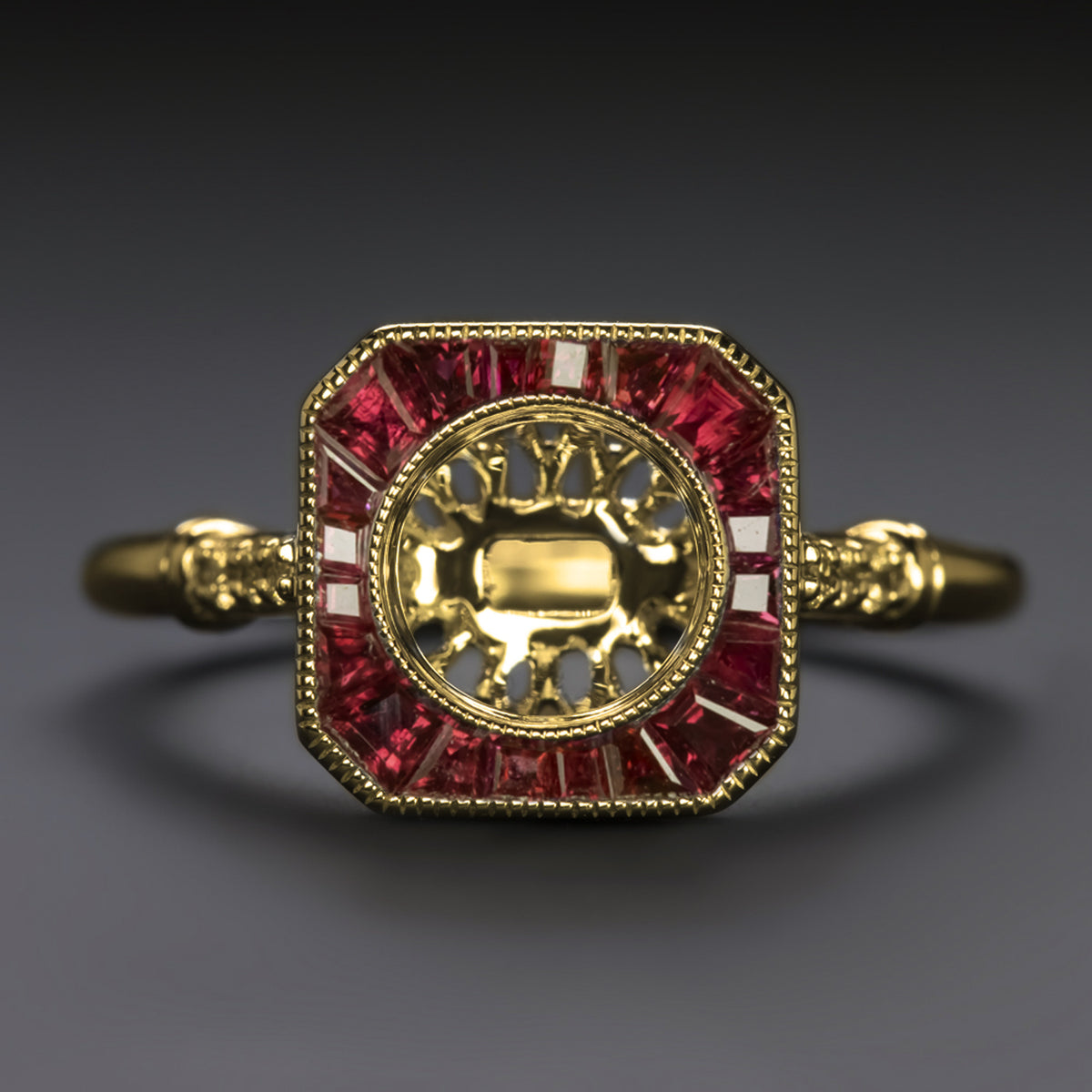 VINTAGE STYLE RUBY HALO ENGAGEMENT RING SETTING ROUND BEZEL MOUNT ...
