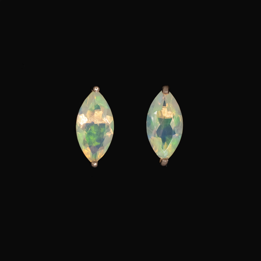 1 carat natural opal stud earrings in marquise cut, set in 10k rose gold, showcasing vibrant opal colors.