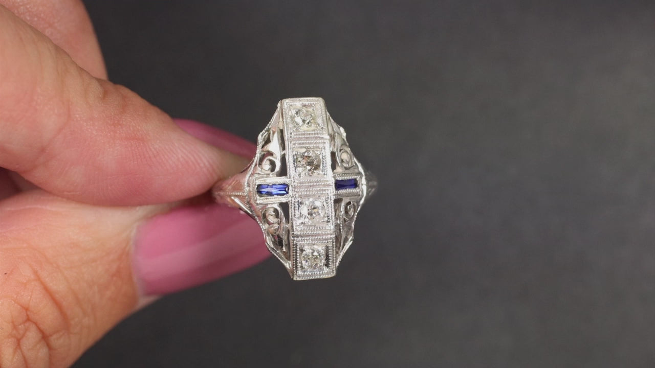 VINTAGE DIAMOND SAPPHIRE COCKTAIL RING BELAIS ART DECO 18k WHITE GOLD FILIGREE