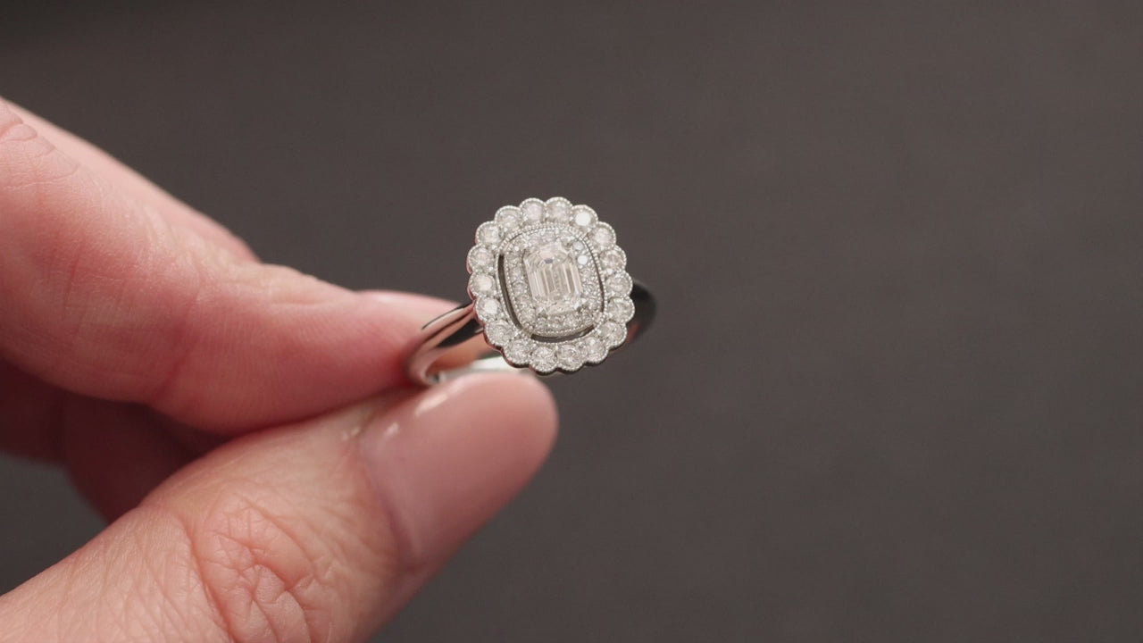 GIA CERTIFIED H VVS1 DIAMOND COCKTAIL RING PLATINUM VINTAGE STYLE DOUBLE HALO