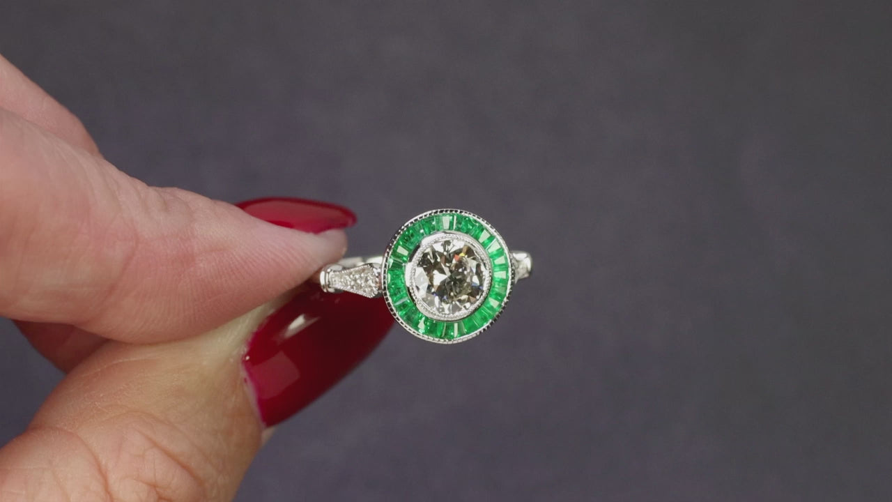 1ct DIAMOND EMERALD RING GIA CERTIFIED VERY GOOD CUT ROUND VINTAGE STYLE HALO