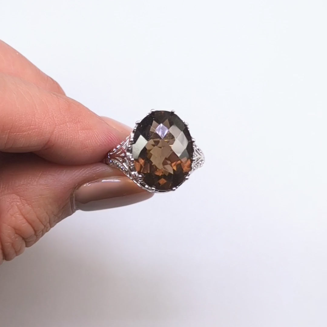 GREEN AMETHYST STERLING SILVER VINTAGE STYLE RING FILIGREE OVAL CUT SOLITAIRE