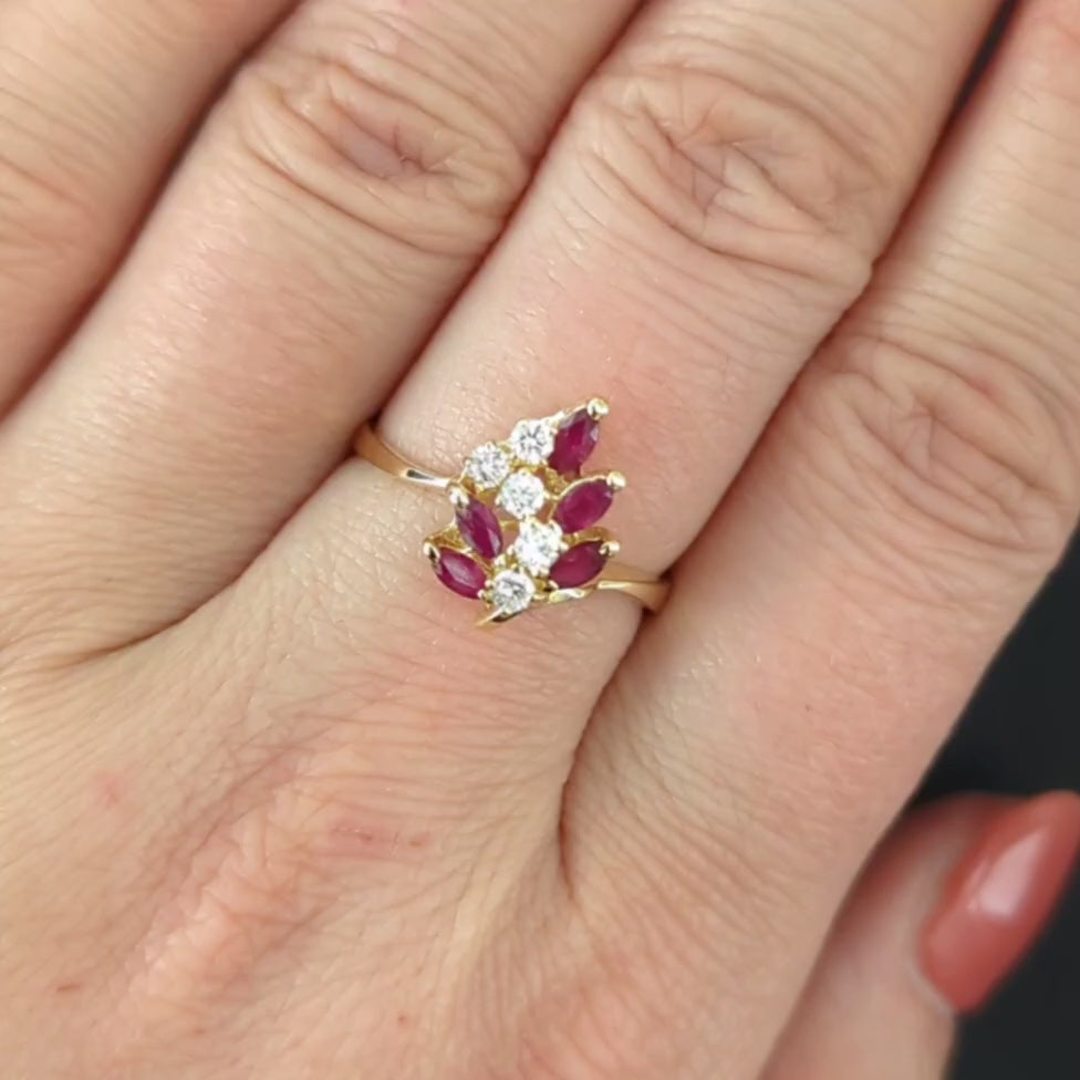 RUBY DIAMOND COCKTAIL RING 14k YELLOW GOLD CLUSTER STATEMENT NATURAL RED