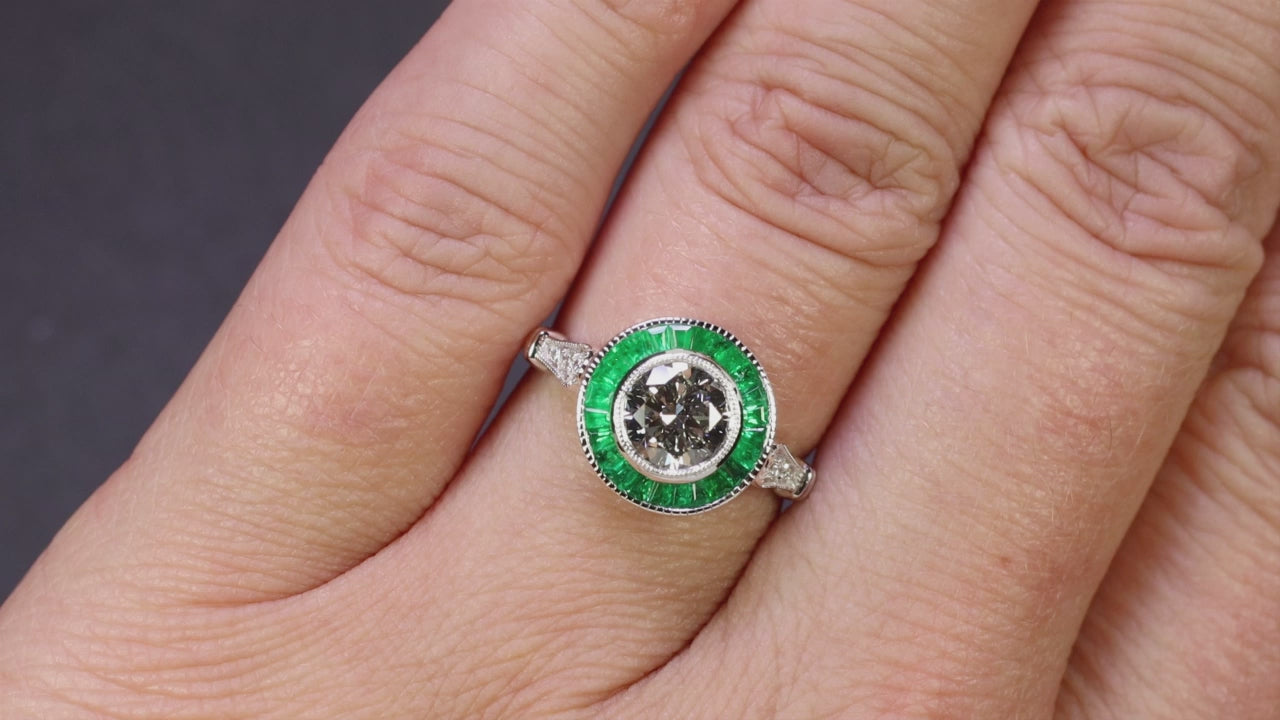 1ct DIAMOND EMERALD RING GIA CERTIFIED VERY GOOD CUT ROUND VINTAGE STYLE HALO