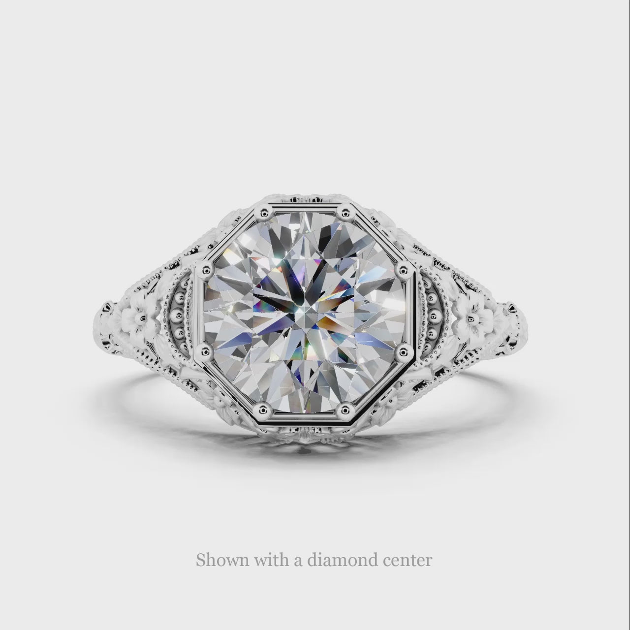 VINTAGE STYLE ENGAGEMENT RING 8mm 2ct ROUND SETTING 14K WHITE GOLD FLORAL MOUNT