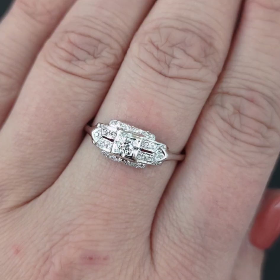 ART DECO DIAMOND COCKTAIL RING 18k WHITE GOLD OLD CUT VINTAGE ENGAGEMENT 1920s
