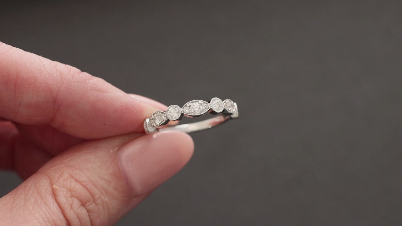 VINTAGE STYLE DIAMOND WEDDING BAND STACKING RING 14k WHITE GOLD MILGRAIN 0.57ct