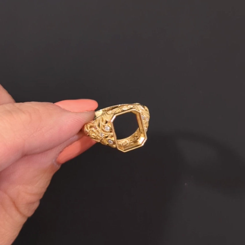 VINTAGE STYLE EMERALD CUT RING SETTING NATURAL DIAMOND FILIGREE DOME YELLOW GOLD