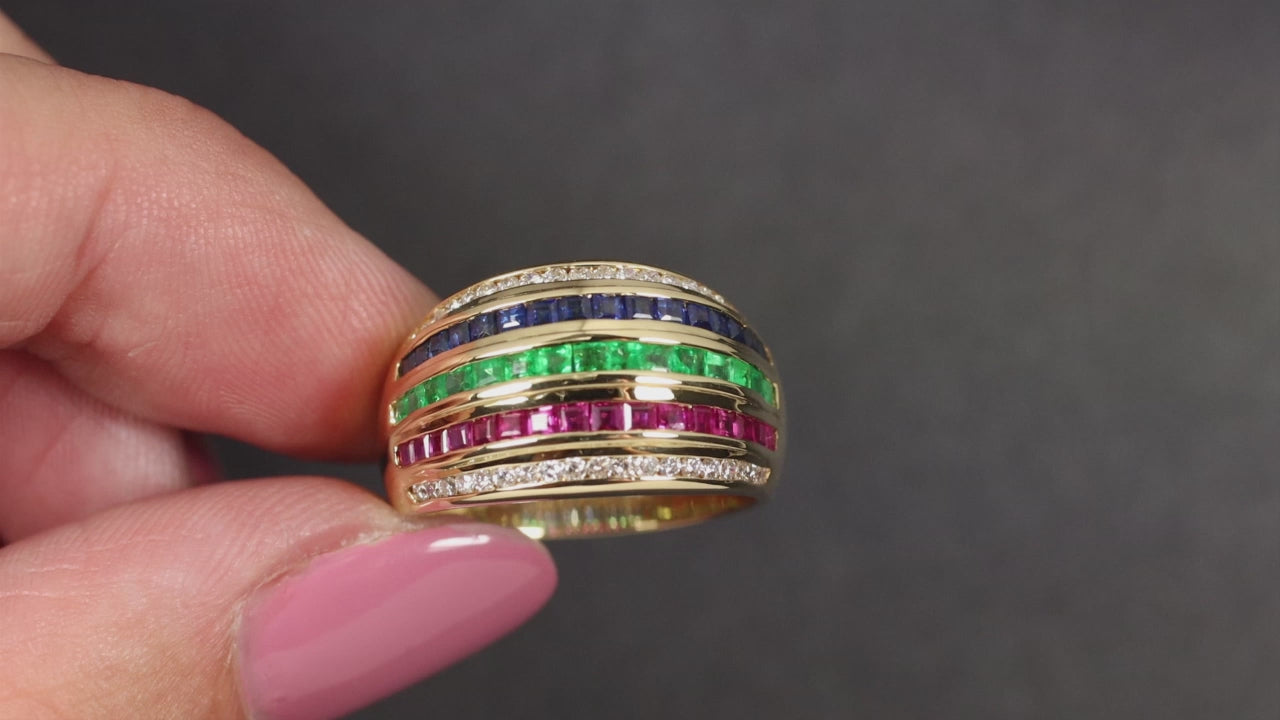 DIAMOND SAPPHIRE EMERALD RUBY RING 18k YELLOW GOLD WIDE DOME BAND 5 ROW NATURAL