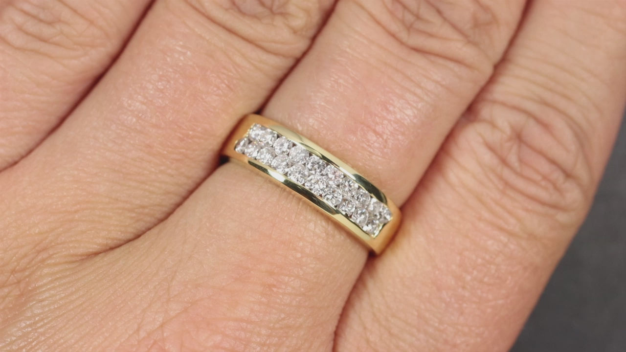 0.70ct DIAMOND 18k YELLOW GOLD RING PAVE STACKING BAND CLASSIC 2 ROW SLEEK