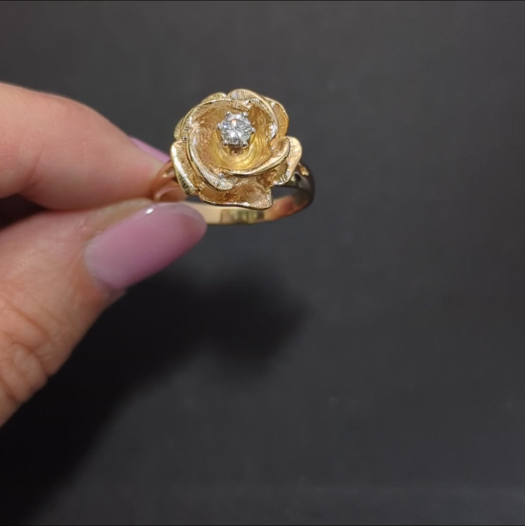 VINTAGE DIAMOND ROSE RING 14k YELLOW GOLD HANDMADE MIDCENTURY VINTAGE FLOWER