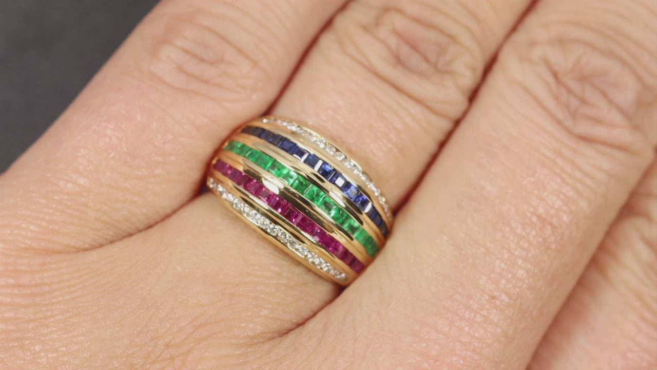 DIAMOND SAPPHIRE EMERALD RUBY RING 18k YELLOW GOLD WIDE DOME BAND 5 ROW NATURAL