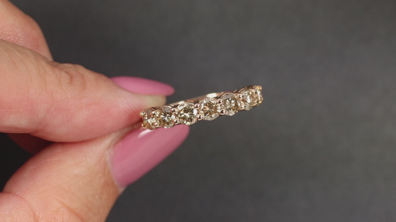 1.5ct NATURAL DIAMOND WEDDING BAND STACKING RING 14k ROSE GOLD 7 STONE CHAMPAGNE