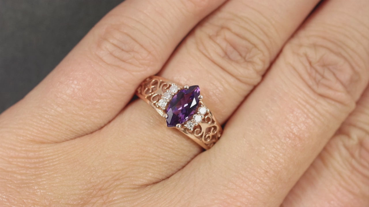 AMETHYST DIAMOND COCKTAIL RING 14k YELLOW GOLD FILIGREE VINTAGE STYLE NATURAL