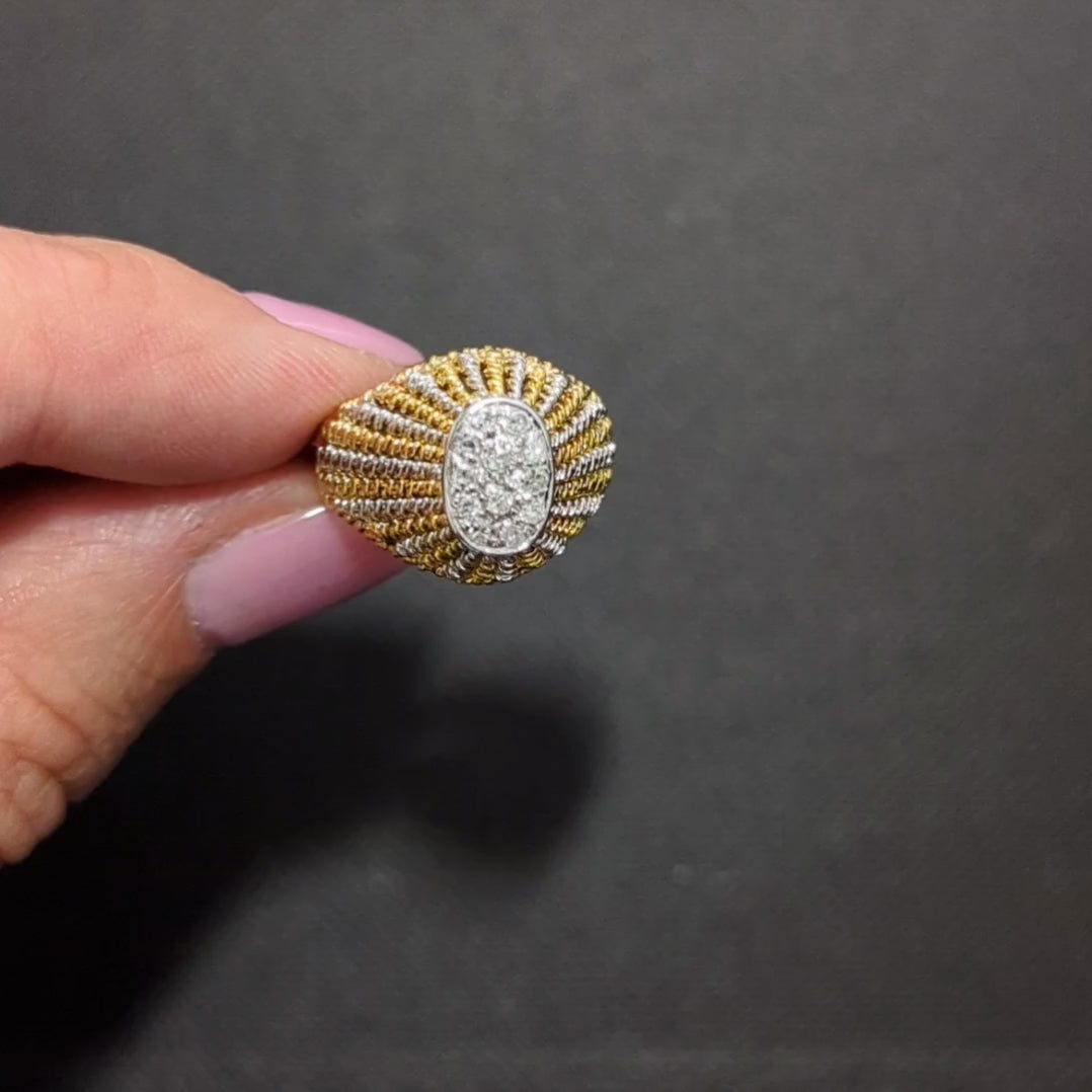 VINTAGE HANDMADE DIAMOND COCKTAIL RING OVAL TWO TONE 18k YELLOW WHITE GOLD MENS