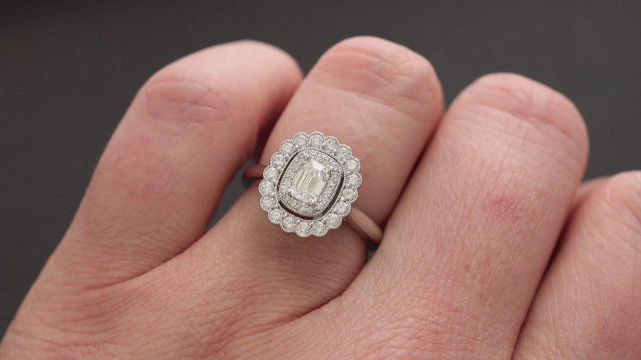 GIA CERTIFIED H VVS1 DIAMOND COCKTAIL RING PLATINUM VINTAGE STYLE DOUBLE HALO