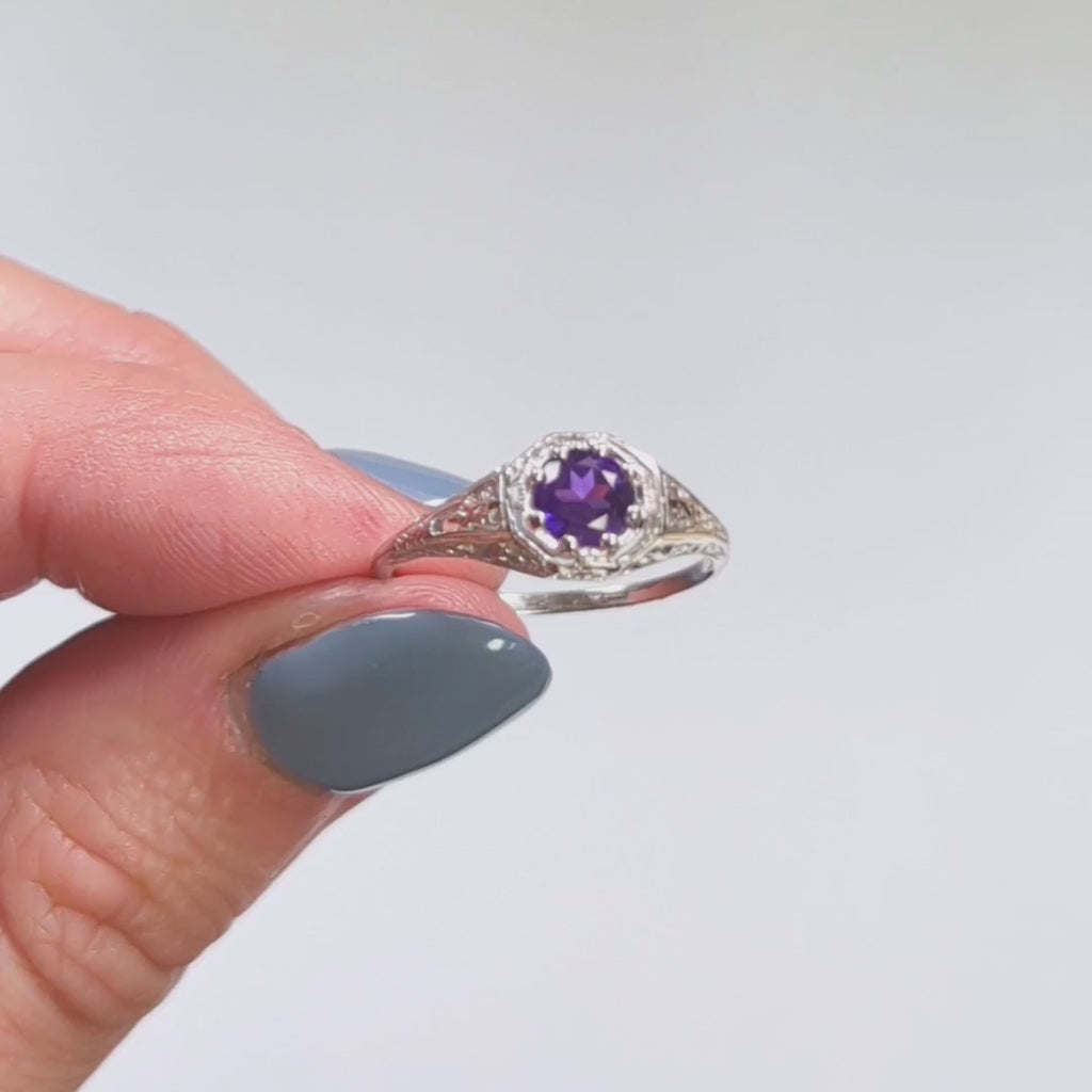 PINK AMETHYST STERLING SILVER RING VINTAGE STYLE GEMSTONE FILIGREE SOLITAIRE