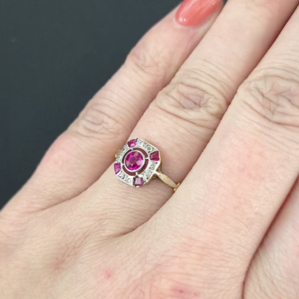 FRENCH ANTIQUE RUBY DIAMOND COCKTAIL RING 18k YELLOW GOLD 1900s ESTATE JEWELRY