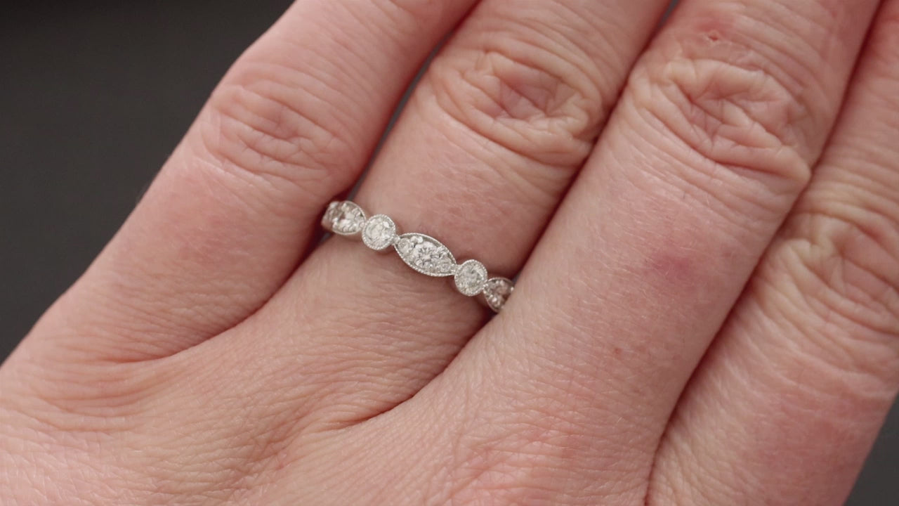 VINTAGE STYLE DIAMOND WEDDING BAND STACKING RING 14k WHITE GOLD MILGRAIN 0.57ct