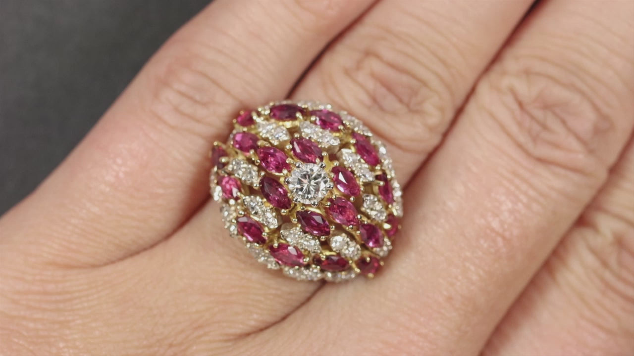 3.65ct DIAMOND RUBY COCKTAIL RING 18k YELLOW GOLD BIG DOMED STATEMENT NATURAL