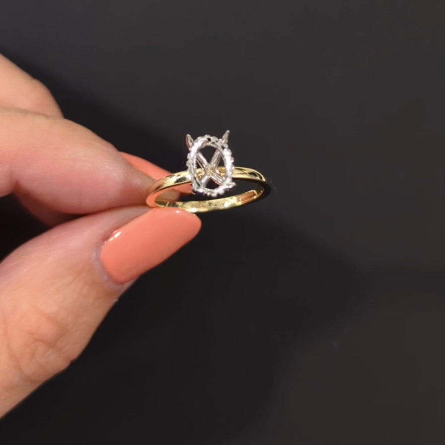 OVAL SHAPE HIDDEN HALO DIAMOND RING SETTING 9x7mm 14k TWO TONE GOLD ENGAGEMENT