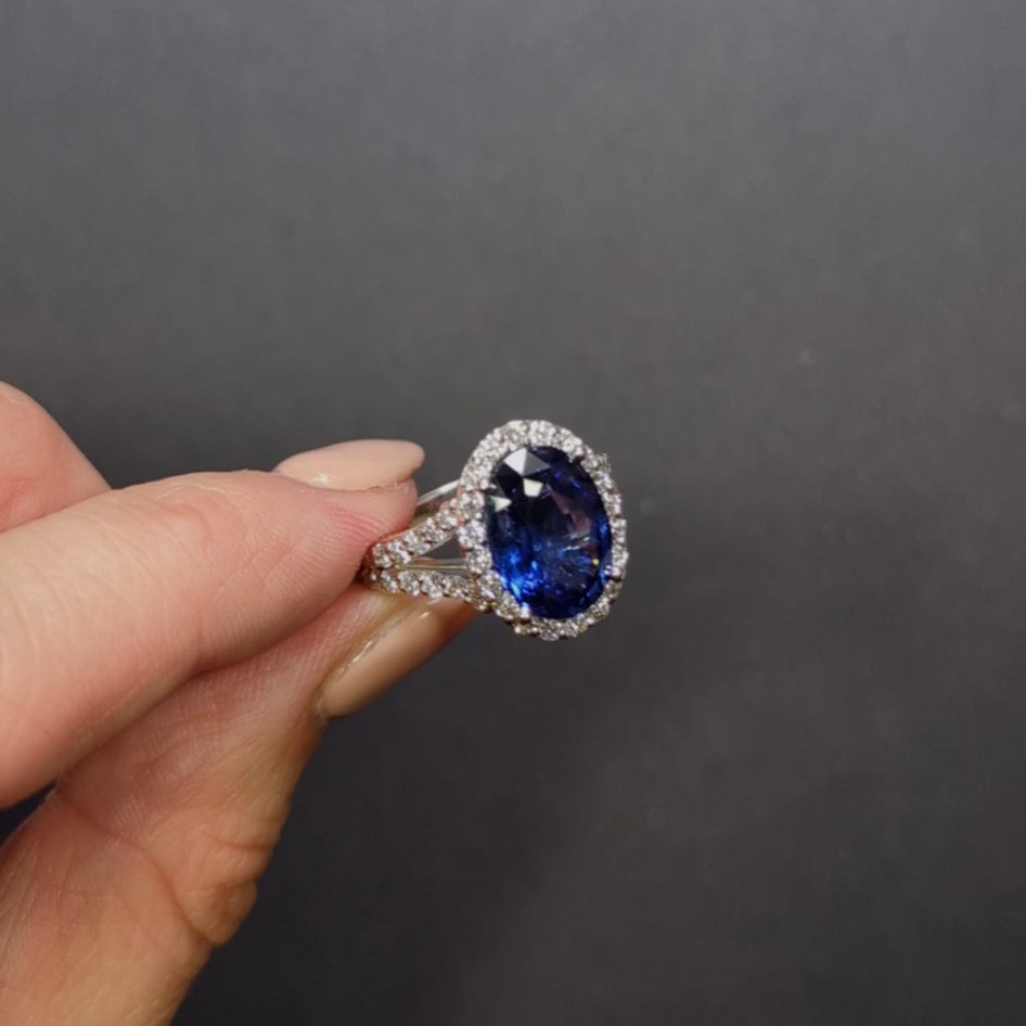 7ct SAPPHIRE DIAMOND ENGAGEMENT RING GIA CERTIFIED OVAL HALO WHITE GOLD COCKTAIL