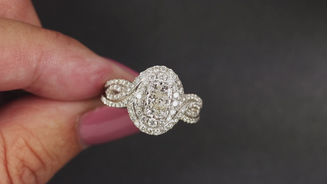 1ct NATURAL DIAMOND COCKTAIL RING DOUBLE HALO ILLUSION CLUSTER 14k WHITE GOLD