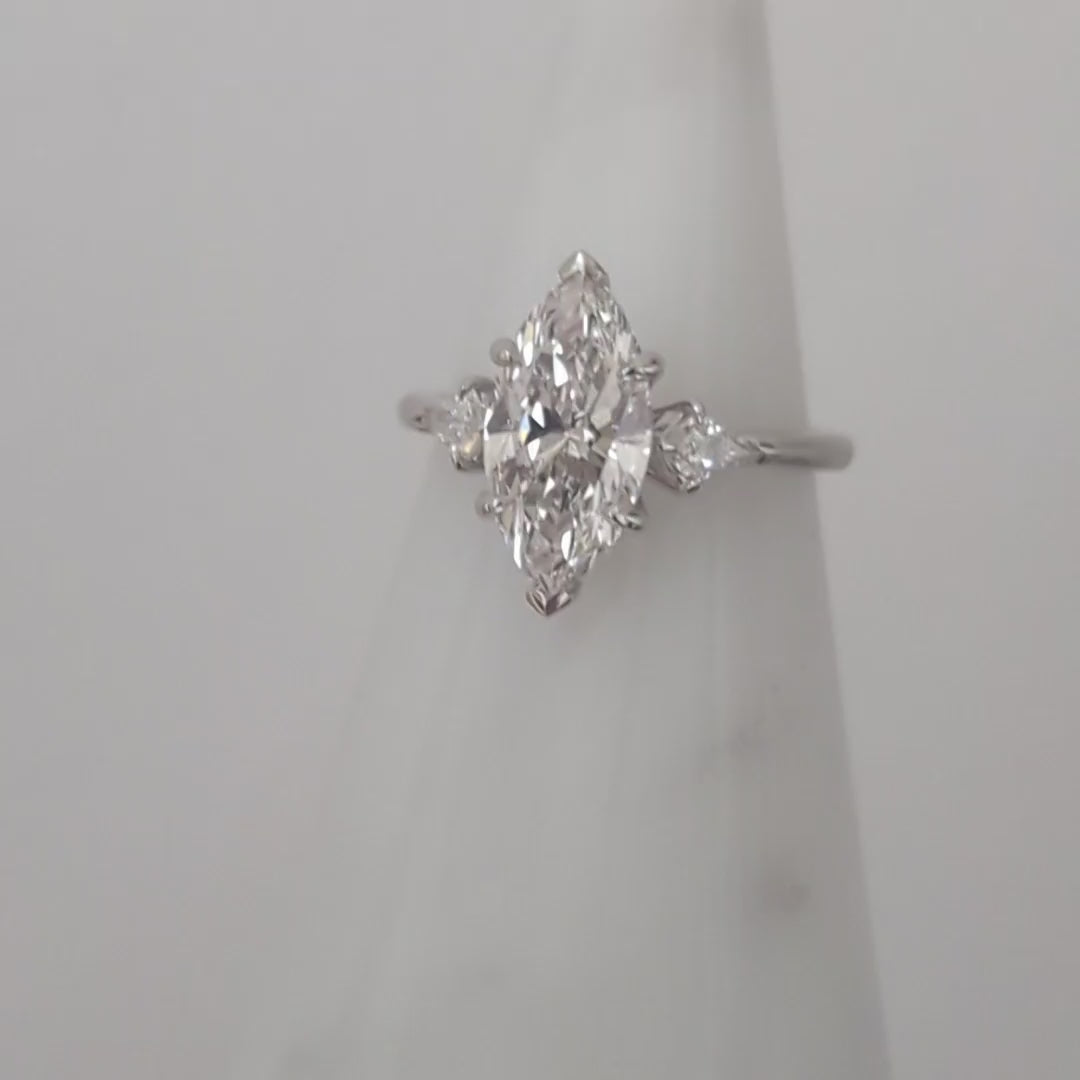 2ct LAB CREATED DIAMOND ENGAGEMENT RING 3 STONE MARQUISE KITE CUT 14k WHITE GOLD