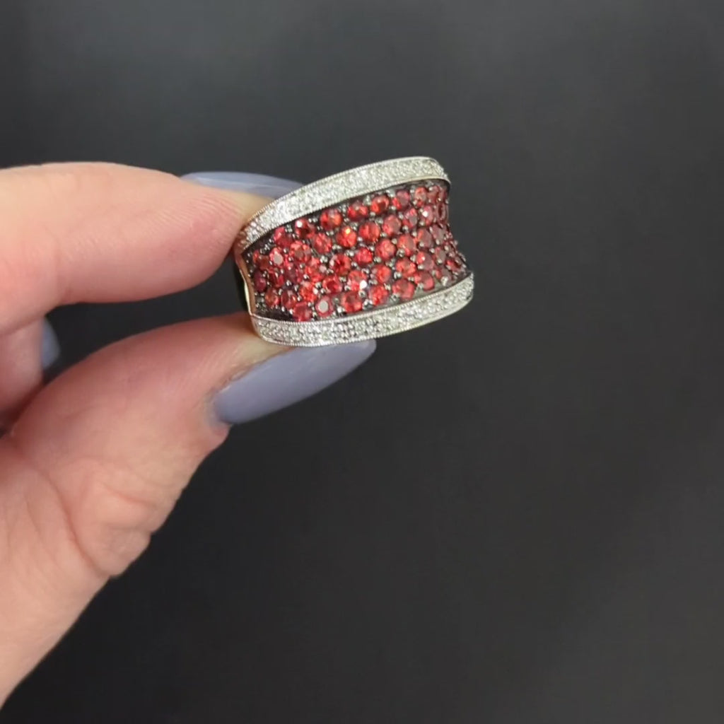 DIAMOND SPESSARTITE GARNET COCKTAIL RING WIDE BAND RED ORANGE 14k WHITE GOLD