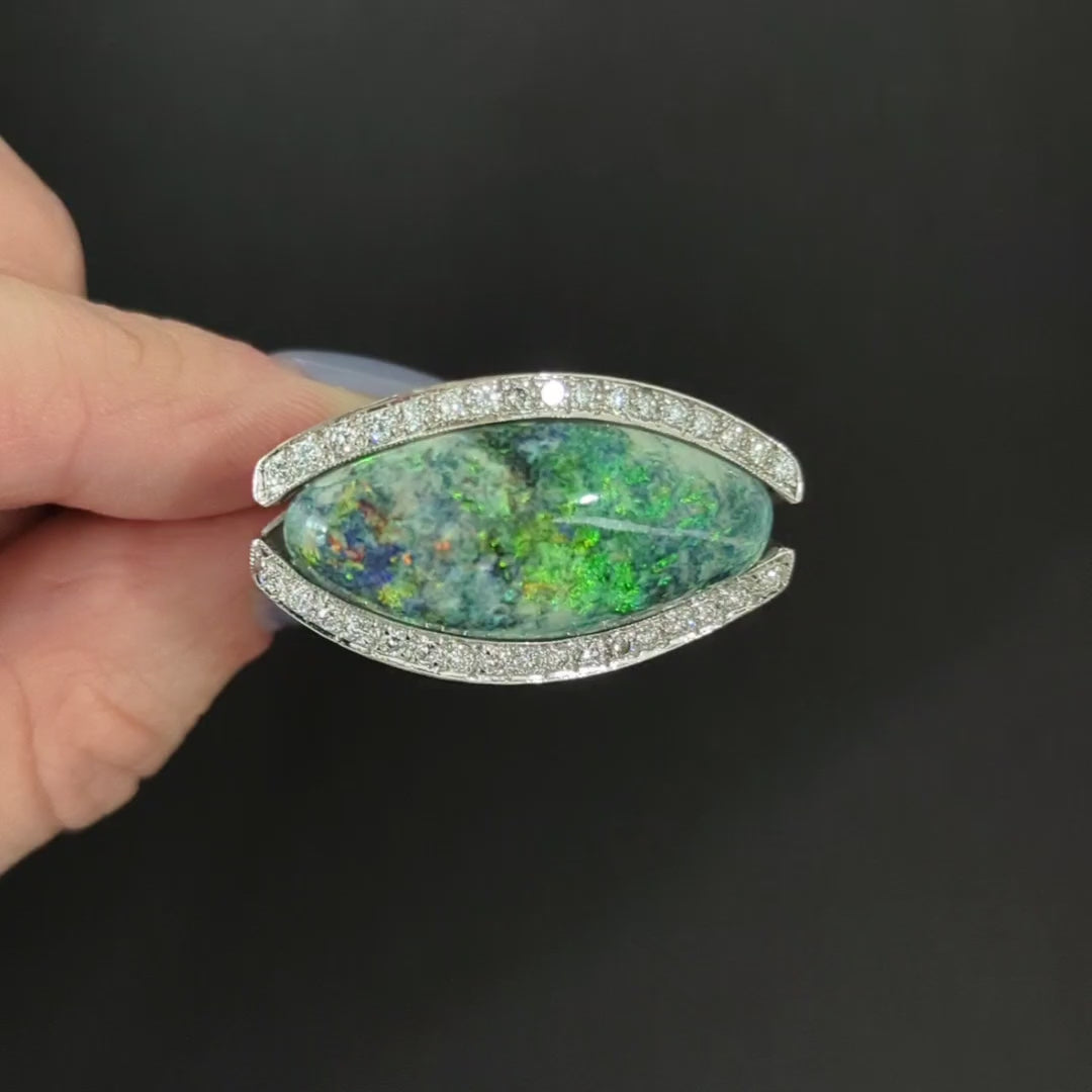 VINTAGE 16ct BLACK OPAL DIAMOND COCKTAIL RING CHUNKY EAST WEST BIG STATEMENT