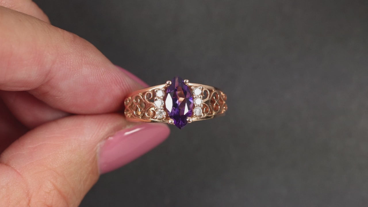 AMETHYST DIAMOND COCKTAIL RING 14k YELLOW GOLD FILIGREE VINTAGE STYLE NATURAL