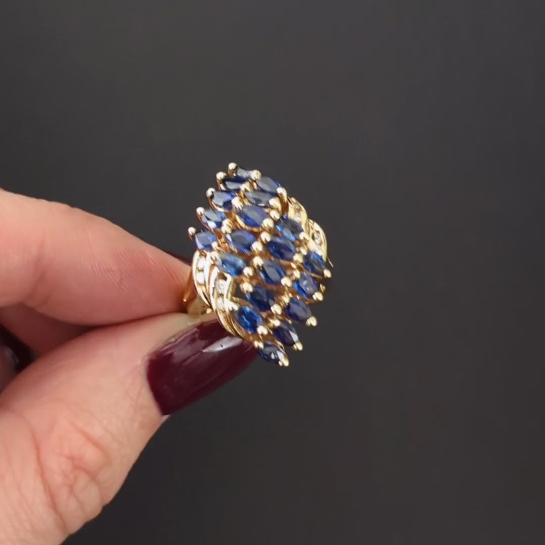 SAPPHIRE DIAMOND COCKTAIL RING 3ct CLUSTER STATEMENT NATURAL 14k YELLOW GOLD