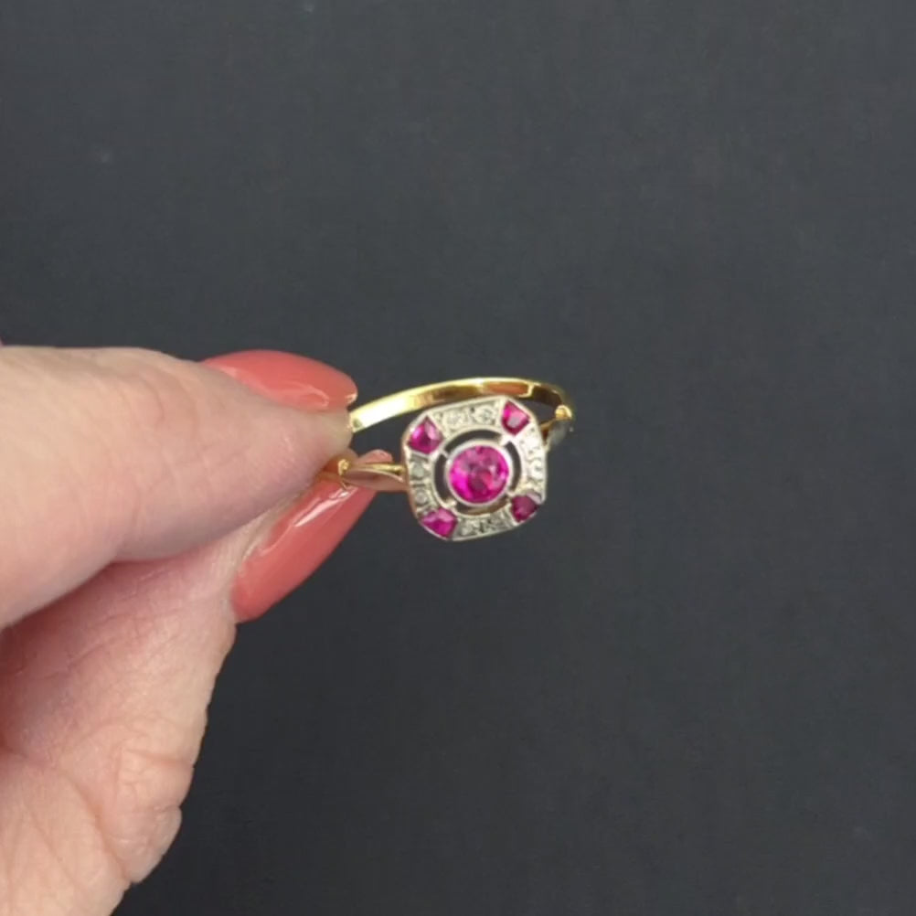 FRENCH ANTIQUE RUBY DIAMOND COCKTAIL RING 18k YELLOW GOLD 1900s ESTATE JEWELRY