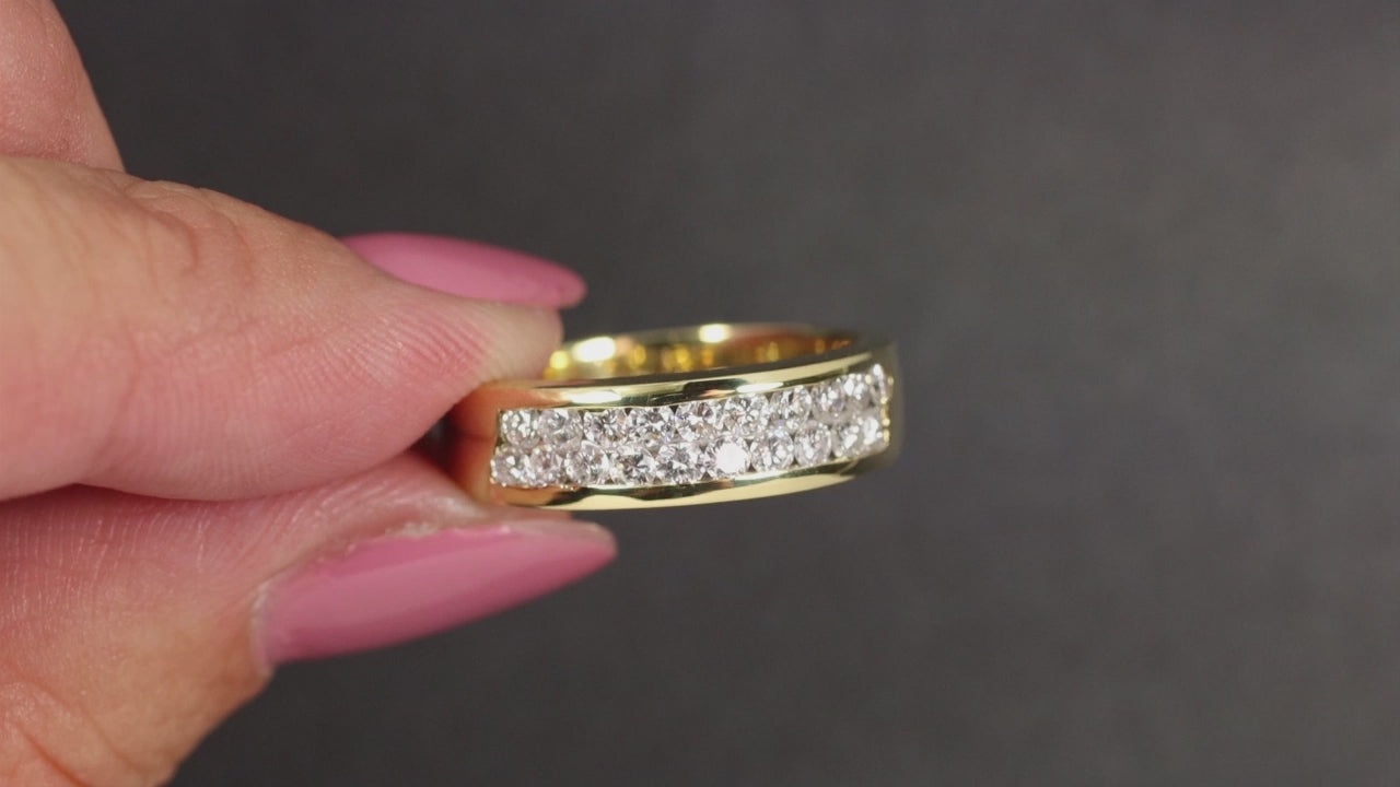 0.70ct DIAMOND 18k YELLOW GOLD RING PAVE STACKING BAND CLASSIC 2 ROW SLEEK