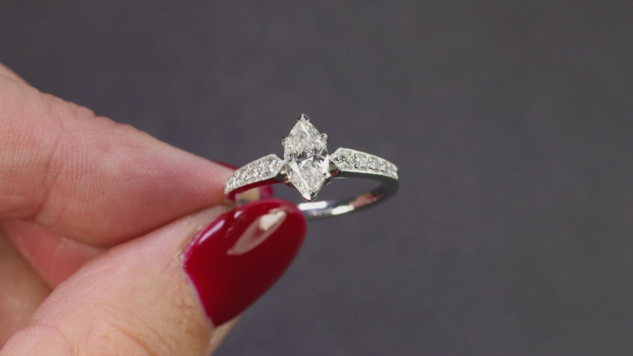 MARQUISE SHAPE DIAMOND ENGAGEMENT RING G SI VINTAGE STYLE NATURAL 14k WHITE GOLD