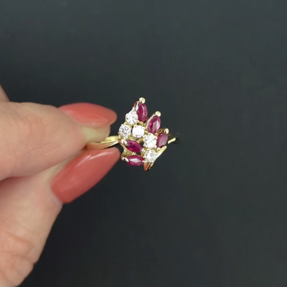 RUBY DIAMOND COCKTAIL RING 14k YELLOW GOLD CLUSTER STATEMENT NATURAL RED