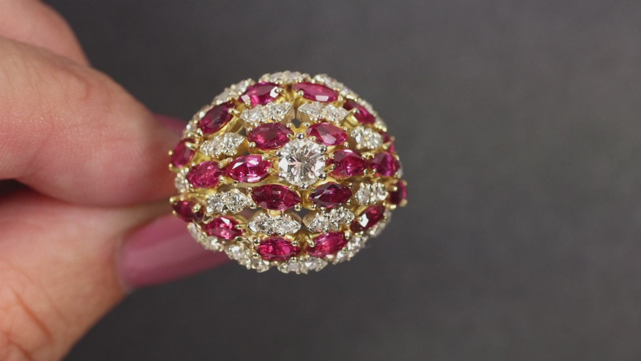 3.65ct DIAMOND RUBY COCKTAIL RING 18k YELLOW GOLD BIG DOMED STATEMENT NATURAL