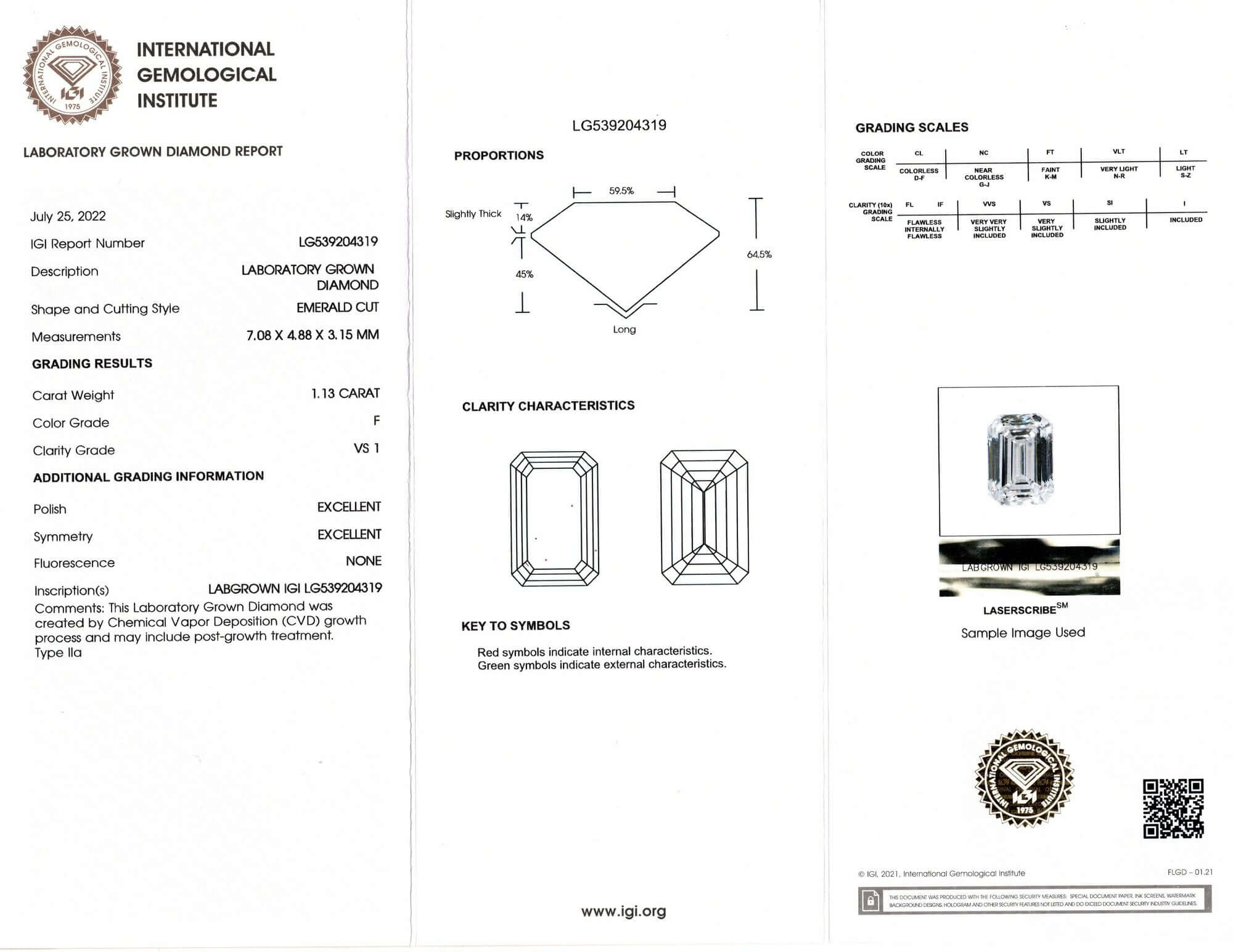 1.13ct LAB CREATED DIAMOND CERTIFIED F VS1 EMERALD SHAPE LOOSE ENGAGEMENT 1ct