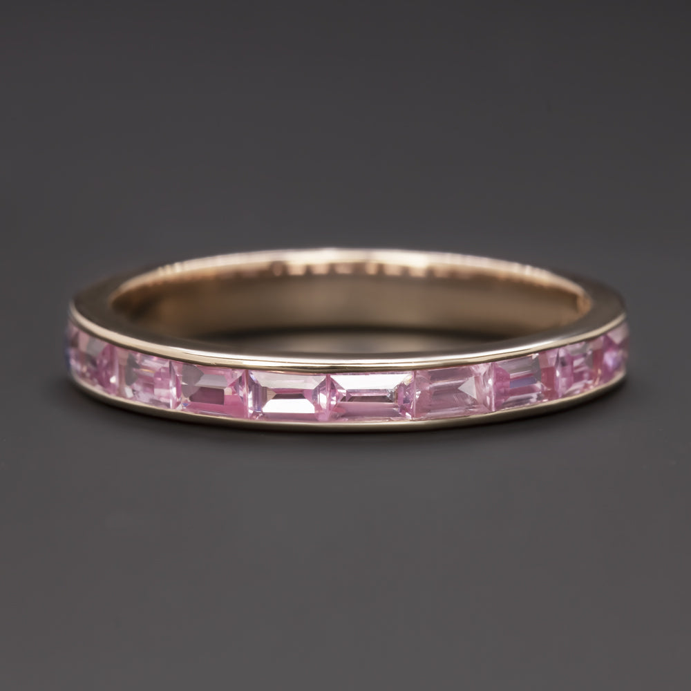 NATURAL PINK SAPPHIRE STACKING RING WEDDING BAND 14k ROSE GOLD BAGUETTE CHANNEL