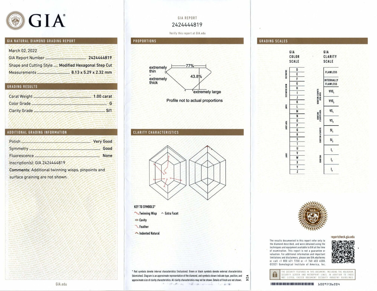 1 CARAT GIA CERTIFIED G SI1 HEXAGON SHAPE DIAMOND KITE STEP CUT GEOMETRIC LOOSE