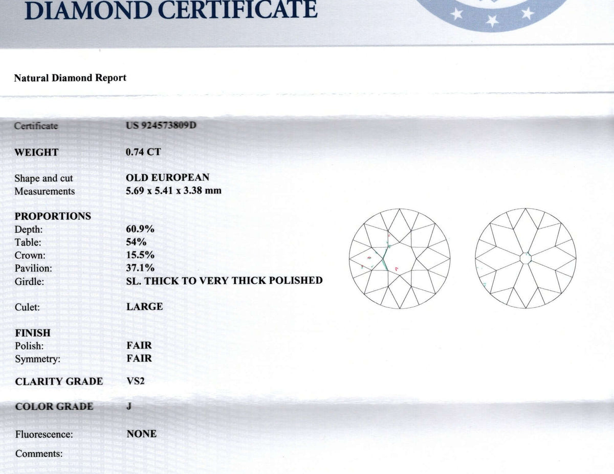 0.74ct CERTIFIED J VS2 OLD EUROPEAN CUT DIAMOND LOOSE VINTAGE NATURAL 3/4 CARAT