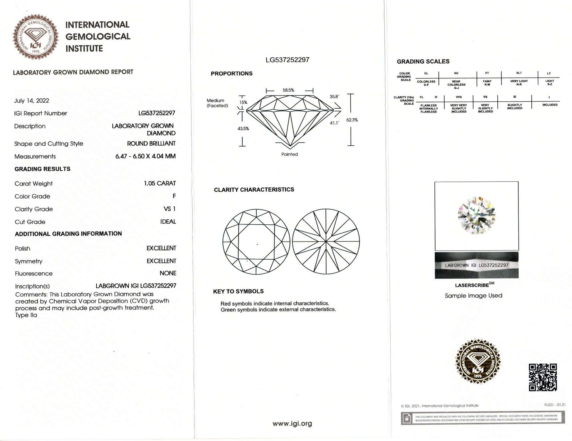 1 CARAT LAB CREATED DIAMOND CERTIFIED F VS1 ROUND BRILLIANT CUT LOOSE IDEAL 1ct