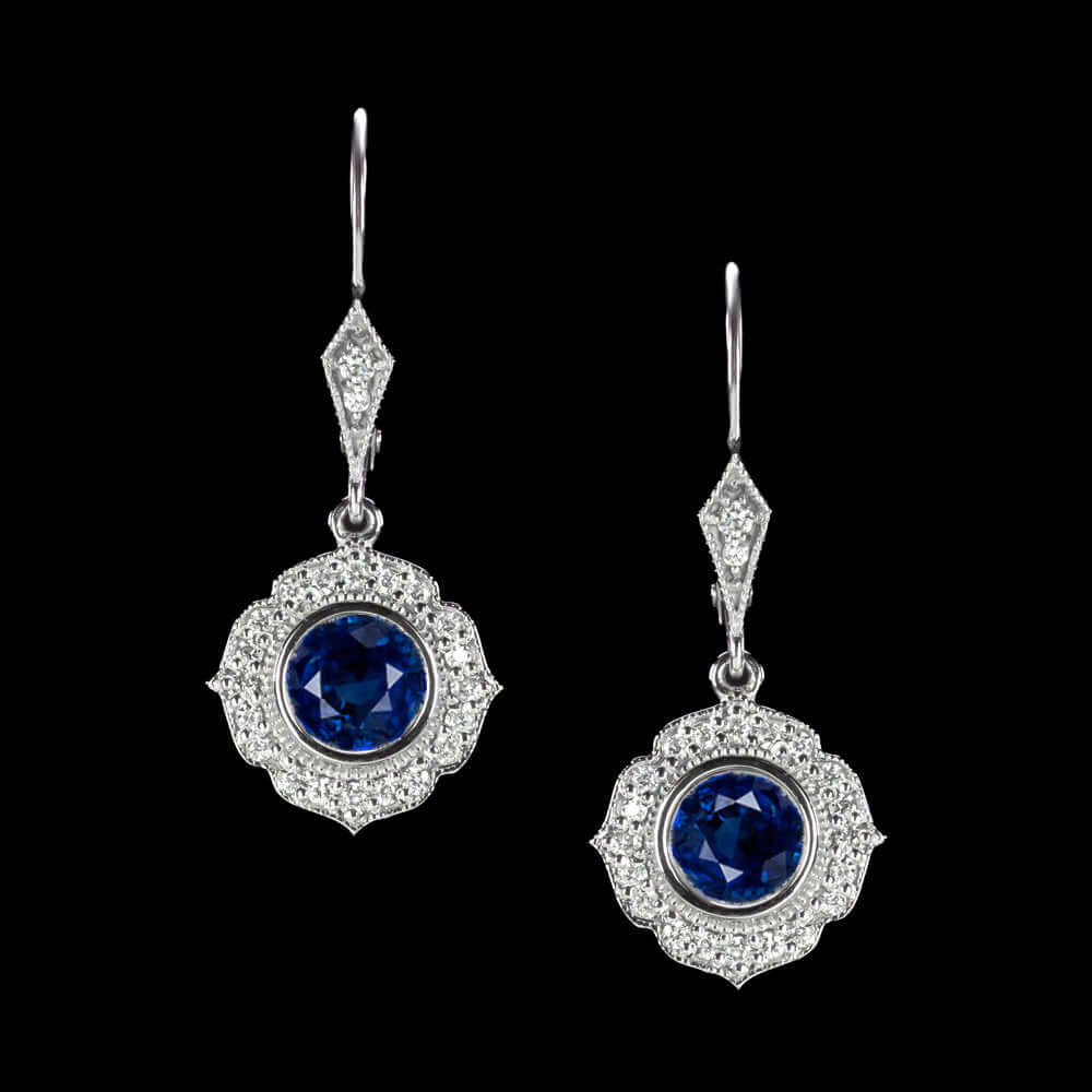1.64ctw SAPPHIRE DIAMOND DANGLE EARRINGS VINTAGE STYLE HALO DROP SCALLOPED BLUE
