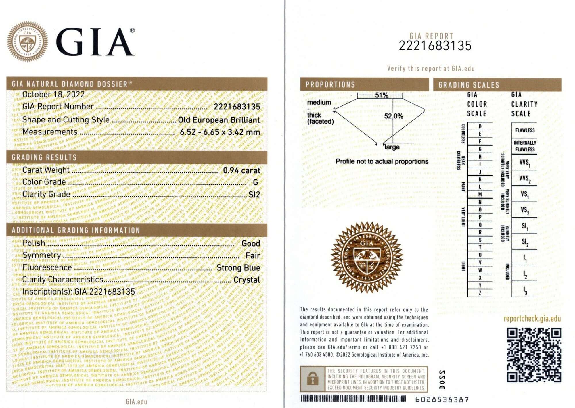 0.94c GIA CERTIFIED G SI2 OLD EUROPEAN CUT DIAMOND LOOSE NATURAL VINTAGE 1 CARAT