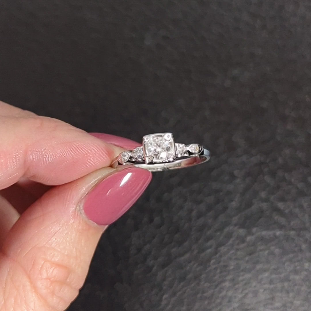 0.35ct F VS1 DIAMOND VINTAGE ENGAGEMENT RING MID CENTURY CLASSIC 14k WHITE GOLD