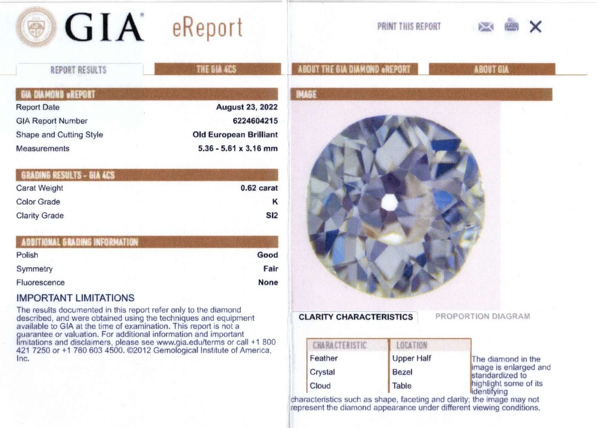 0.62ct GIA CERTIFIED K SI2 OLD EUROPEAN CUT DIAMOND VINTAGE LOOSE NATURAL 2/3ct