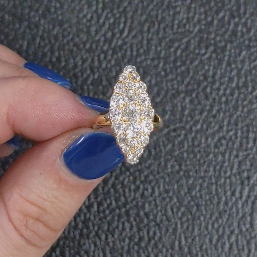 2.45c ANTIQUE DIAMOND NAVETTE RING 18k GOLD VICTORIAN ANTIQUE OLD MINE CUT 2.5ct