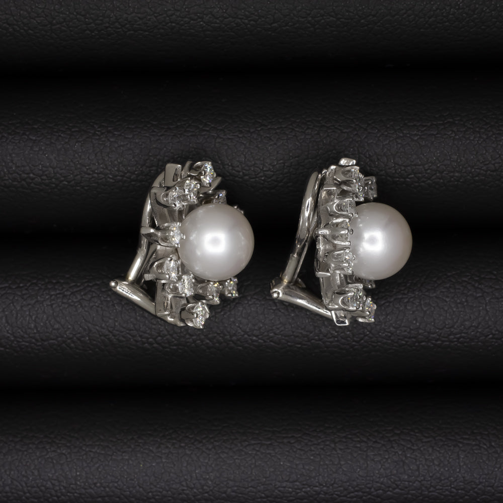 VINTAGE PEARL DIAMOND 14K WHITE GOLD STUD EARRINGS MIDCENTURY STARBURST ATOMIC
